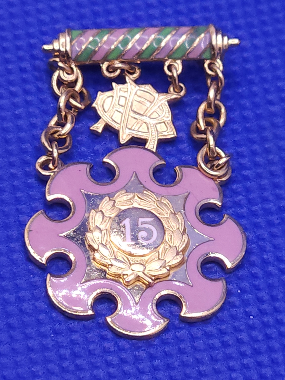 Gold-Tone Pink Enamel 15th Anniversary Brooch with Green Accent Bar